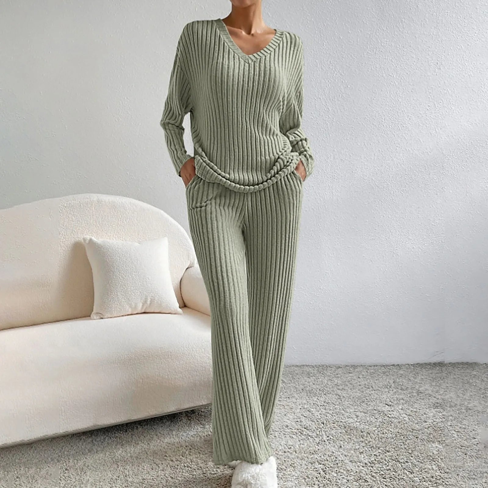 Edina – V-Neck and Knit Pattern Two-Piece Set