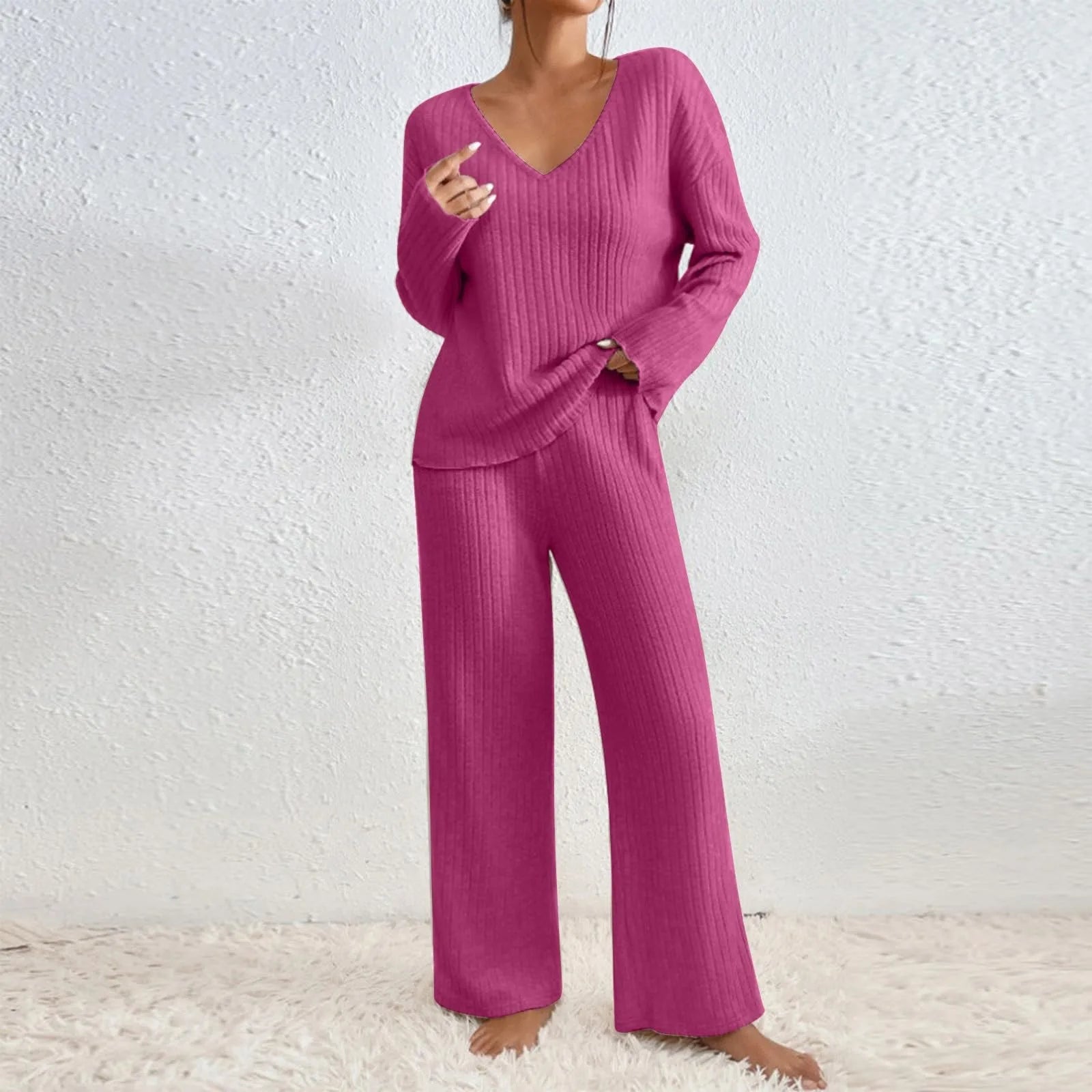 Edina – V-Neck and Knit Pattern Two-Piece Set