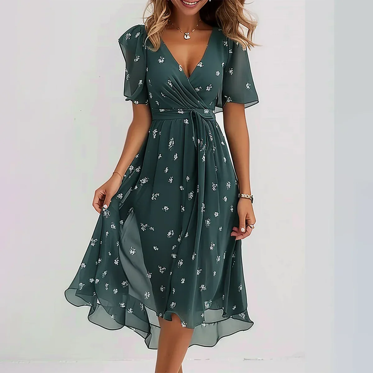 Eirene - Short-Sleeved Green Midi Dress