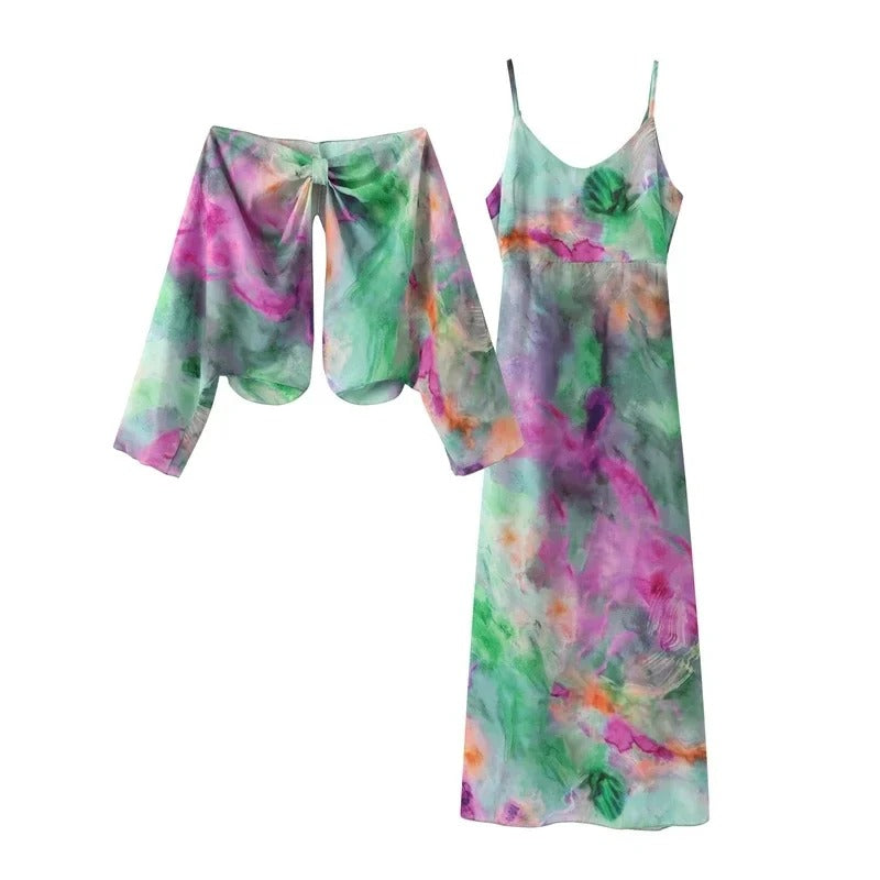 Elegant Colourful Maxi Dress with Detachable Scarf - Romy