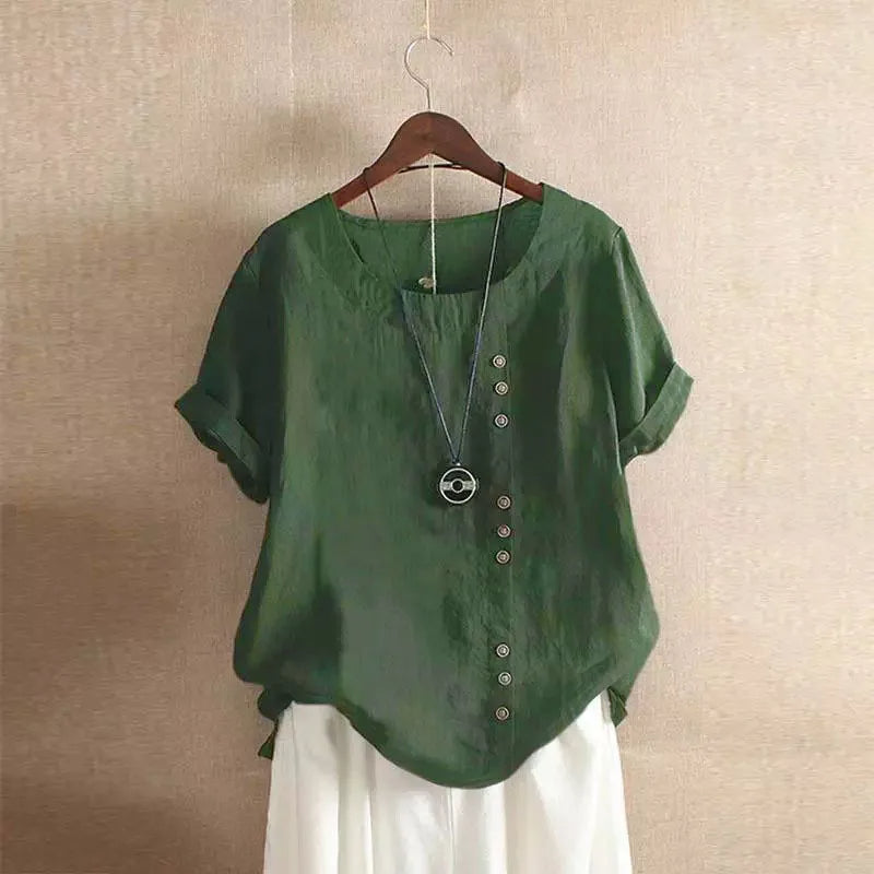Elegant Cotton Ladies Blouse with Short Sleeves and Button Details