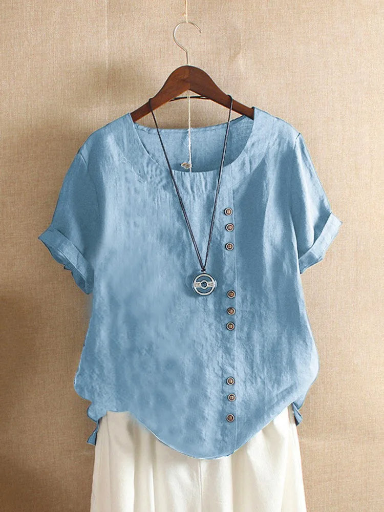 Elegant Cotton Ladies Blouse with Short Sleeves and Button Details