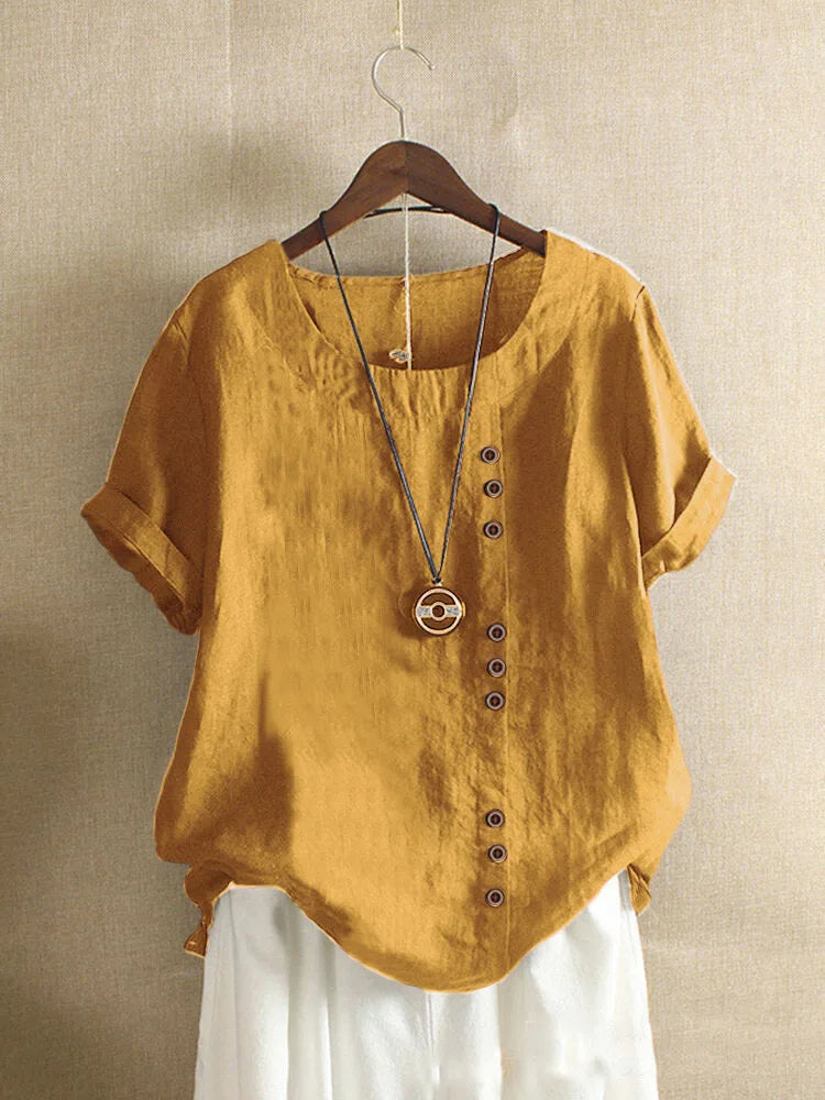 Elegant Cotton Ladies Blouse with Short Sleeves and Button Details