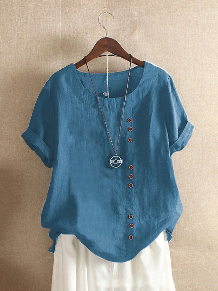 Elegant Cotton Ladies Blouse with Short Sleeves and Button Details