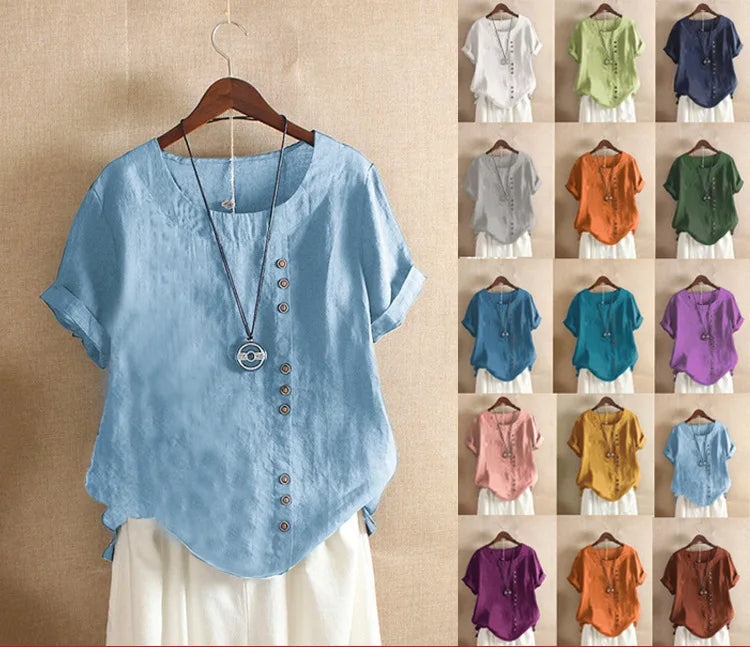 Elegant Cotton Ladies Blouse with Short Sleeves and Button Details