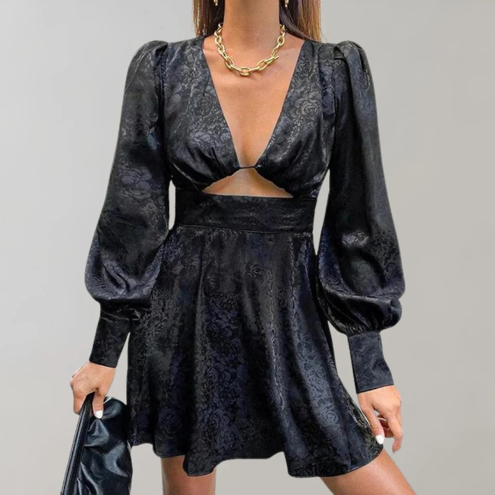 Elegant Midi Dress with V-Neck and Lantern Sleeves - Lora