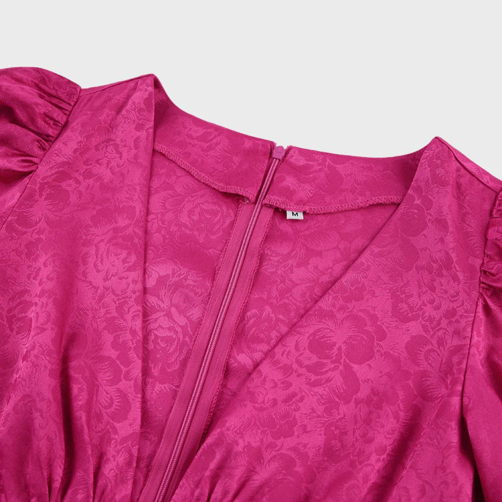 Elegant Midi Dress with V-Neck and Lantern Sleeves - Lora