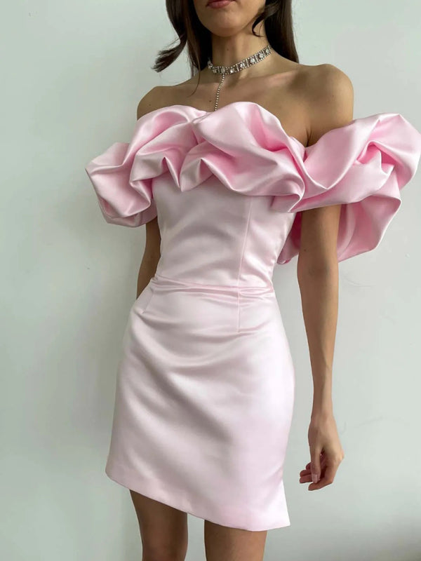 Elegant satin off-shoulder dress with ruffles - Gabrielle