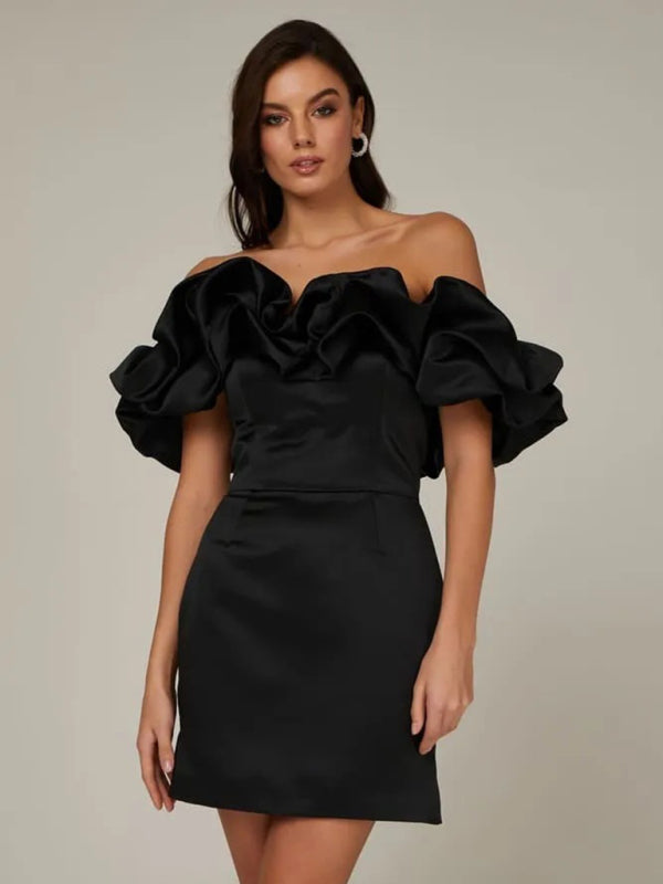 Elegant satin off-shoulder dress with ruffles - Gabrielle