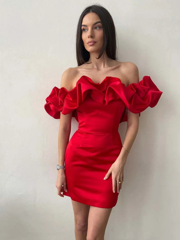 Elegant satin off-shoulder dress with ruffles - Gabrielle