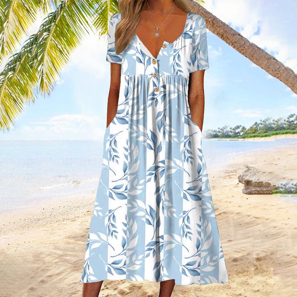 Elise - Blue Paradise Midi Dress with Short Sleeves and Pleated Side Pockets