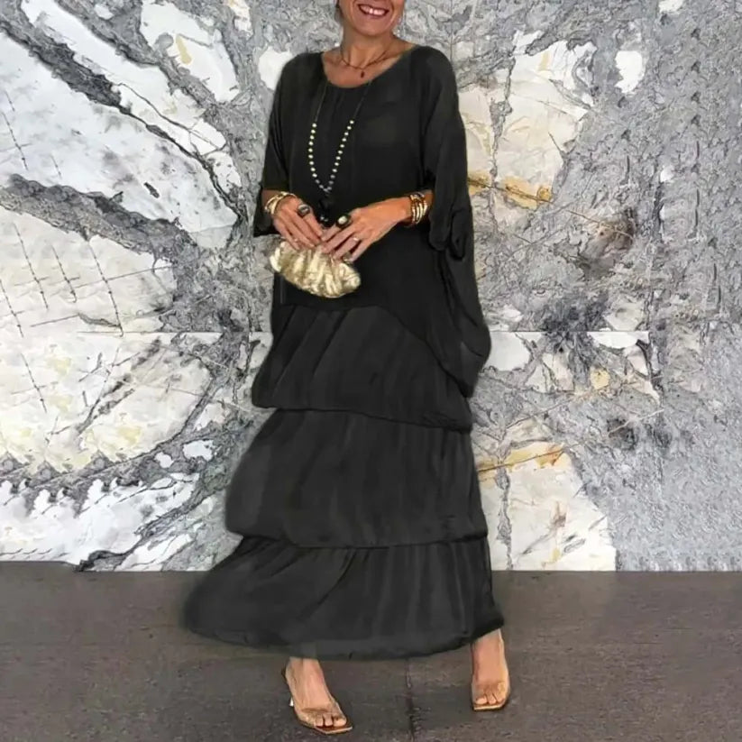 Felicie - Elegant, Loose Dress with Round Neckline and Batwing Sleeves