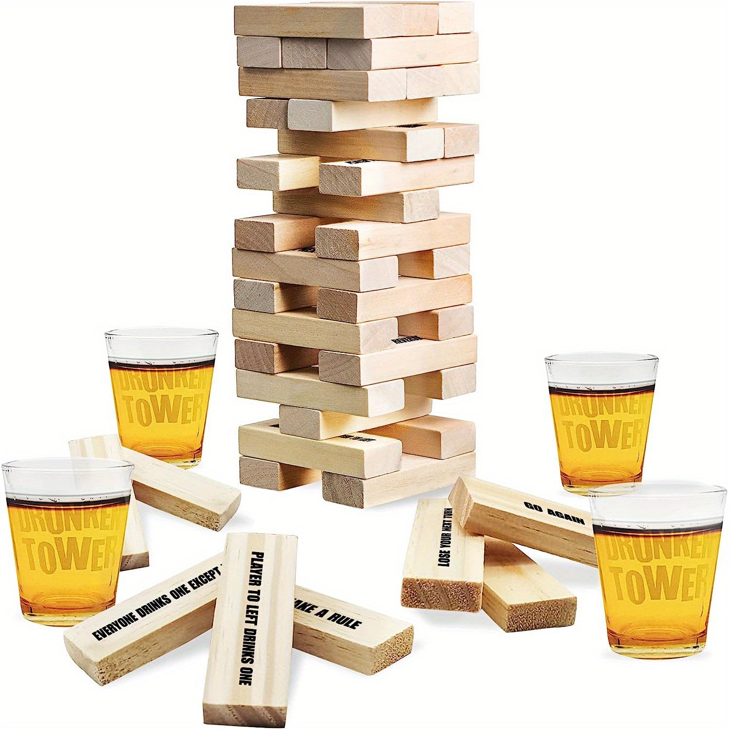FunDrinks - Wooden Tumbling Tower Drinking Game with 4 Glasses