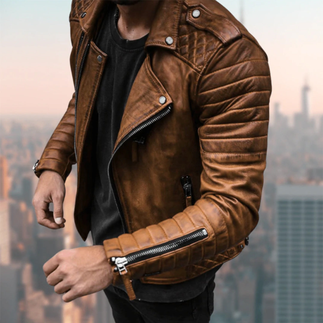 Leather biker jacket with multiple pockets - Basilio