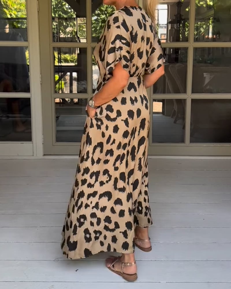 Loose Leopard Maxi Dress with V-Neck