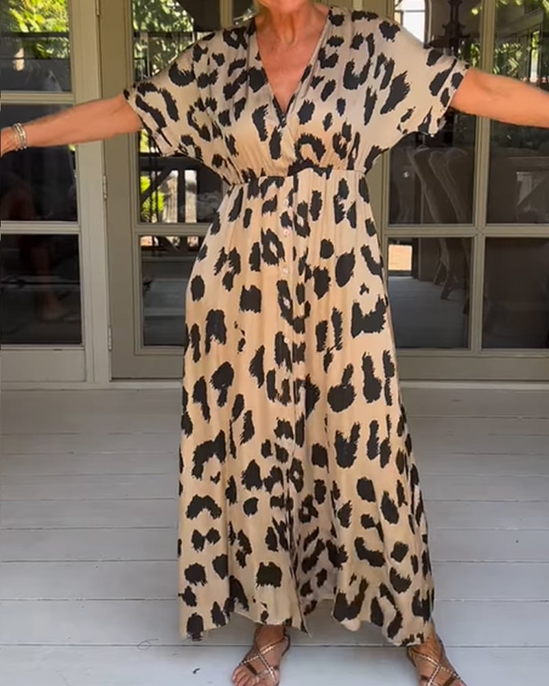 Loose Leopard Maxi Dress with V-Neck