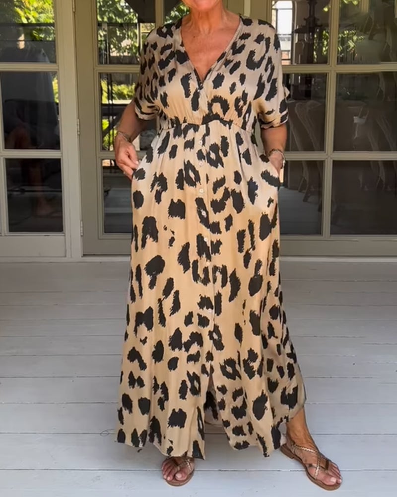 Loose Leopard Maxi Dress with V-Neck