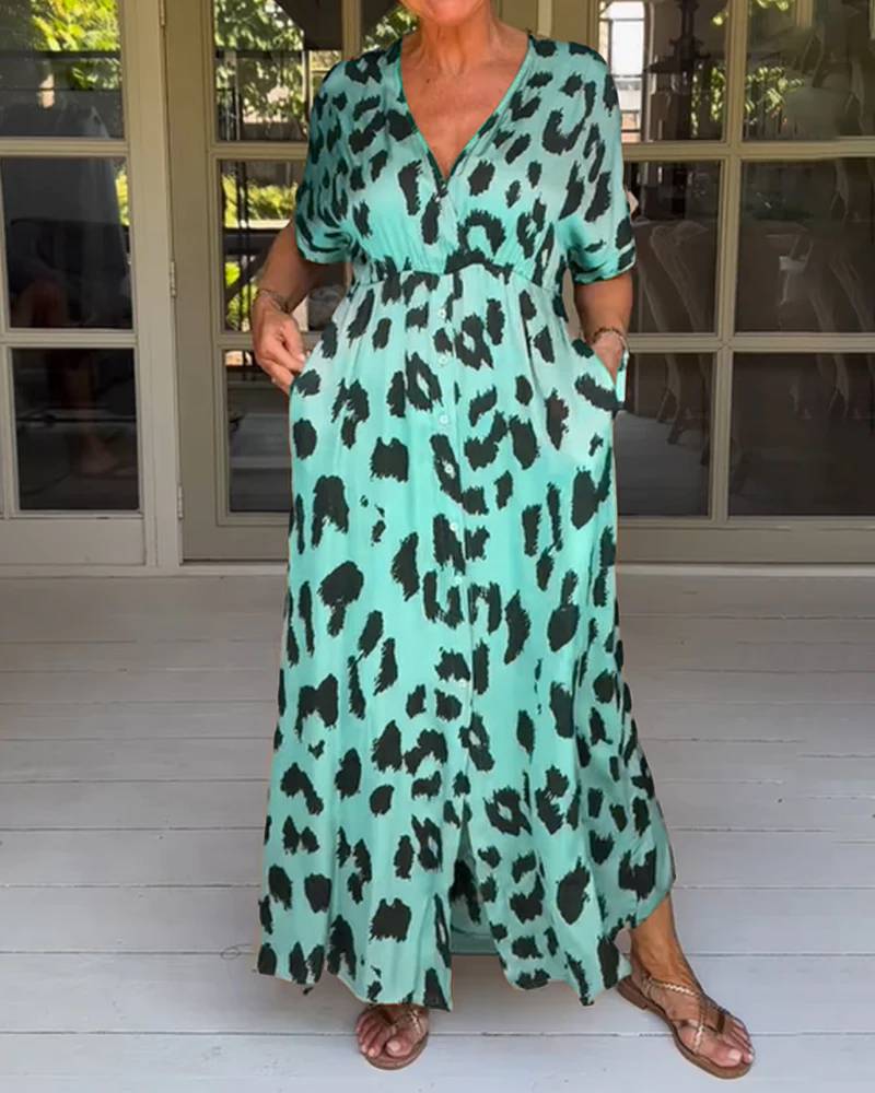 Loose Leopard Maxi Dress with V-Neck