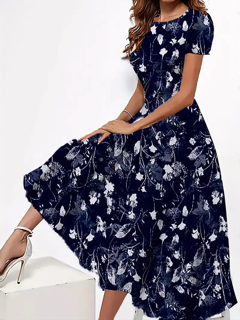 Maria - Dress with Round Neckline and Floral Print