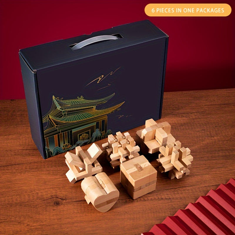 MindPuzzle - Wooden Brain Teaser Gift Set with 6 Kongming Lock Puzzles