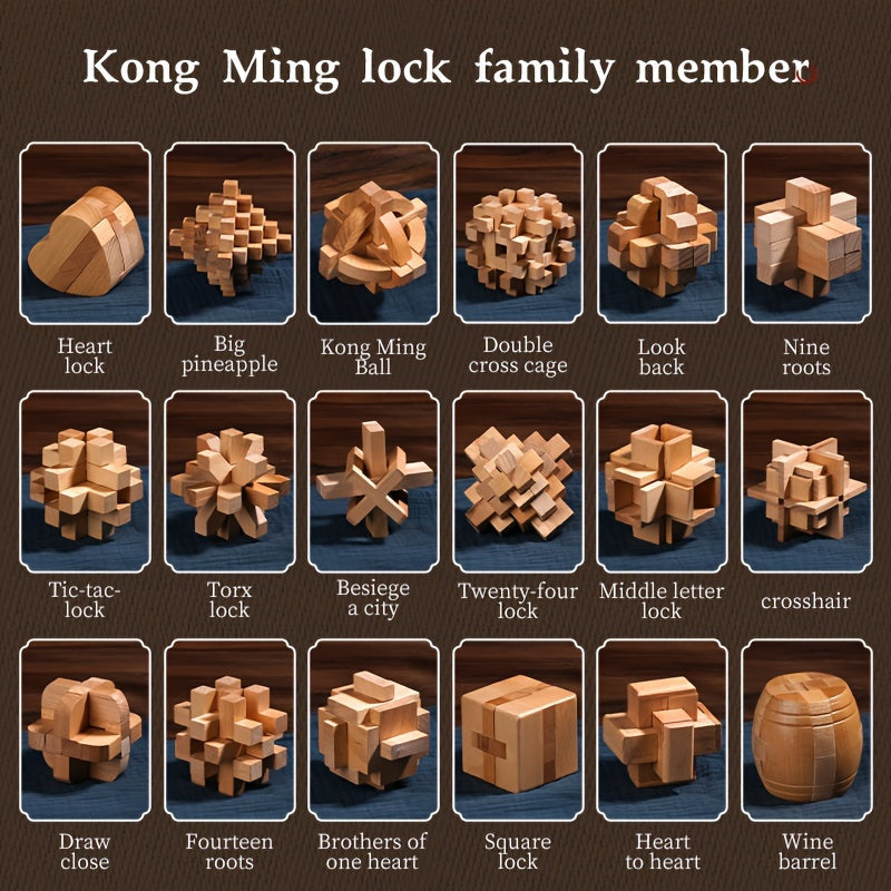 MindPuzzle - Wooden Brain Teaser Gift Set with 6 Kongming Lock Puzzles
