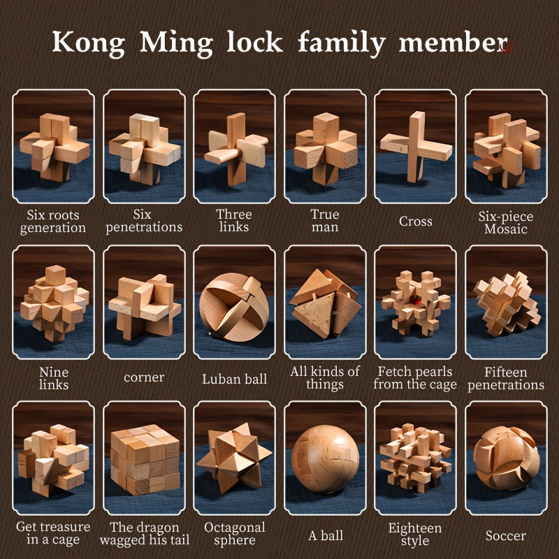 MindPuzzle - Wooden Brain Teaser Gift Set with 6 Kongming Lock Puzzles