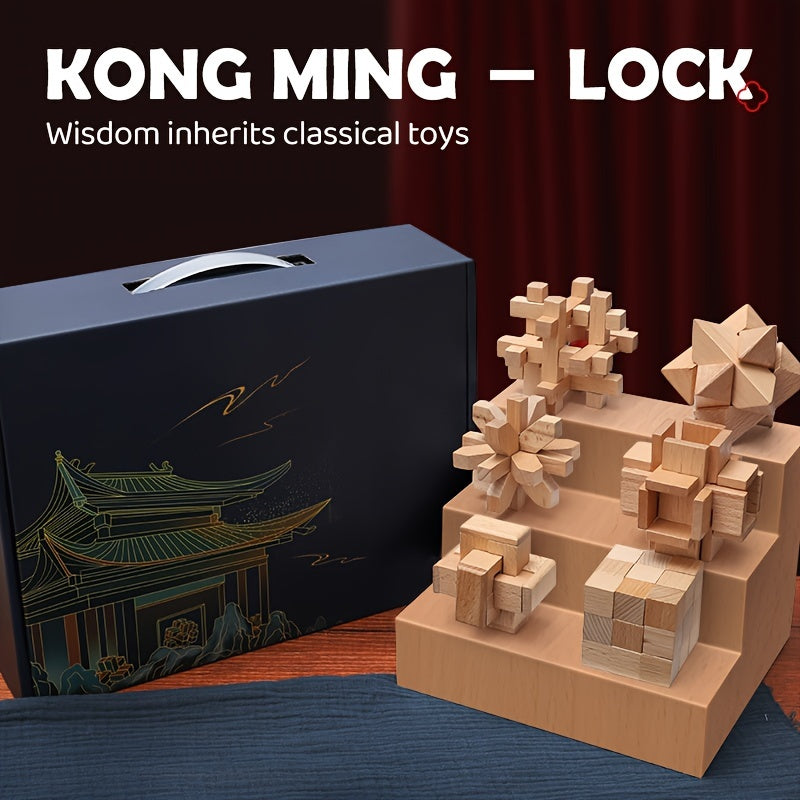 MindPuzzle - Wooden Brain Teaser Gift Set with 6 Kongming Lock Puzzles