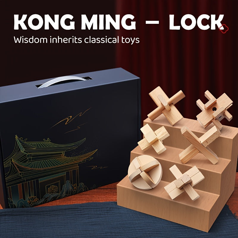 MindPuzzle - Wooden Brain Teaser Gift Set with 6 Kongming Lock Puzzles