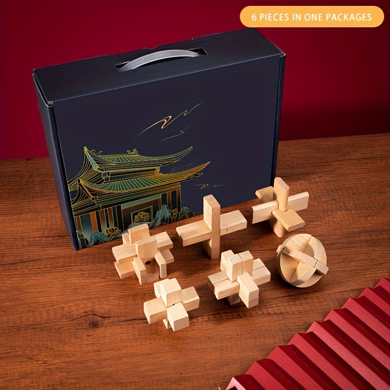 MindPuzzle - Wooden Brain Teaser Gift Set with 6 Kongming Lock Puzzles