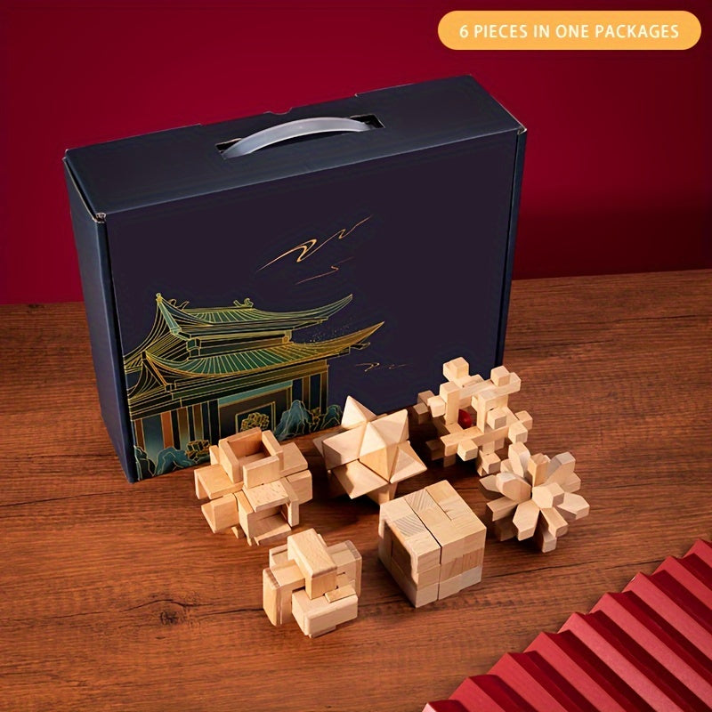 MindPuzzle - Wooden Brain Teaser Gift Set with 6 Kongming Lock Puzzles