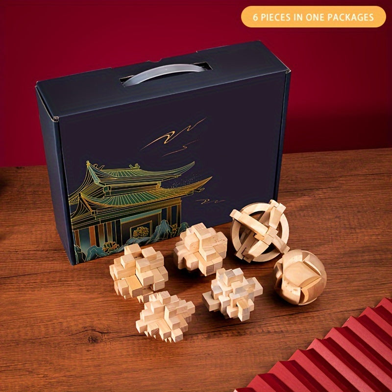 MindPuzzle - Wooden Brain Teaser Gift Set with 6 Kongming Lock Puzzles