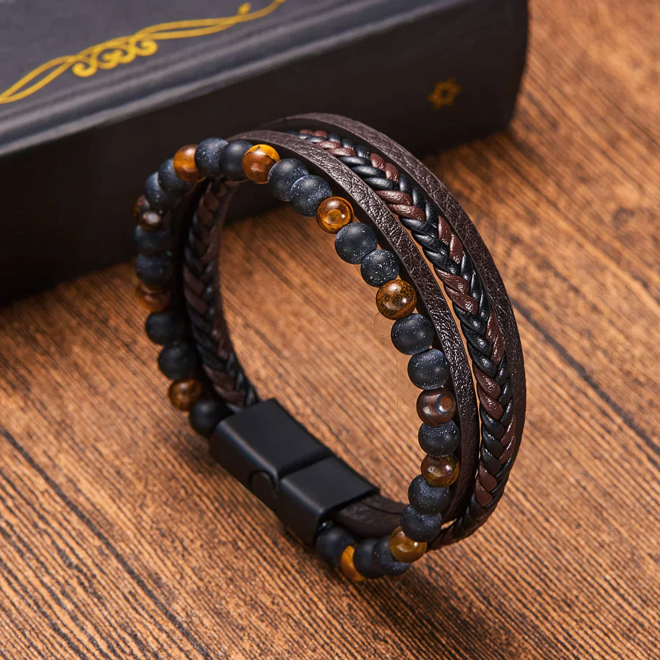 Natural Stone Obsidian Magnetic Buckle Men's Leather Bracelet