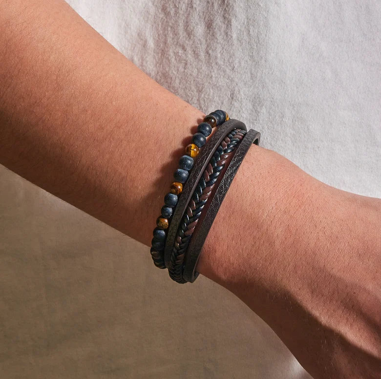 Natural Stone Obsidian Magnetic Buckle Men's Leather Bracelet