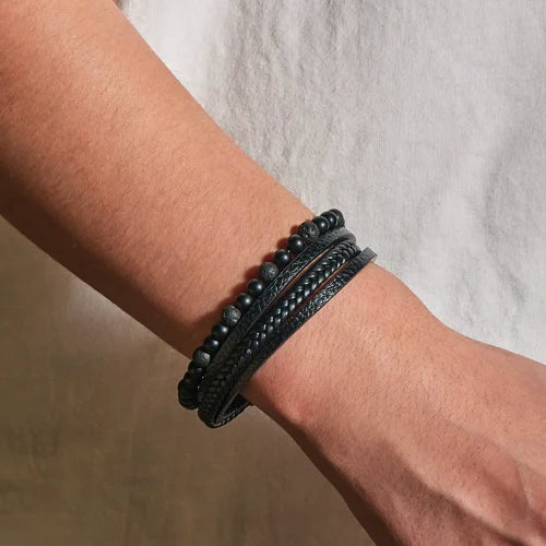 Natural Stone Obsidian Magnetic Buckle Men's Leather Bracelet