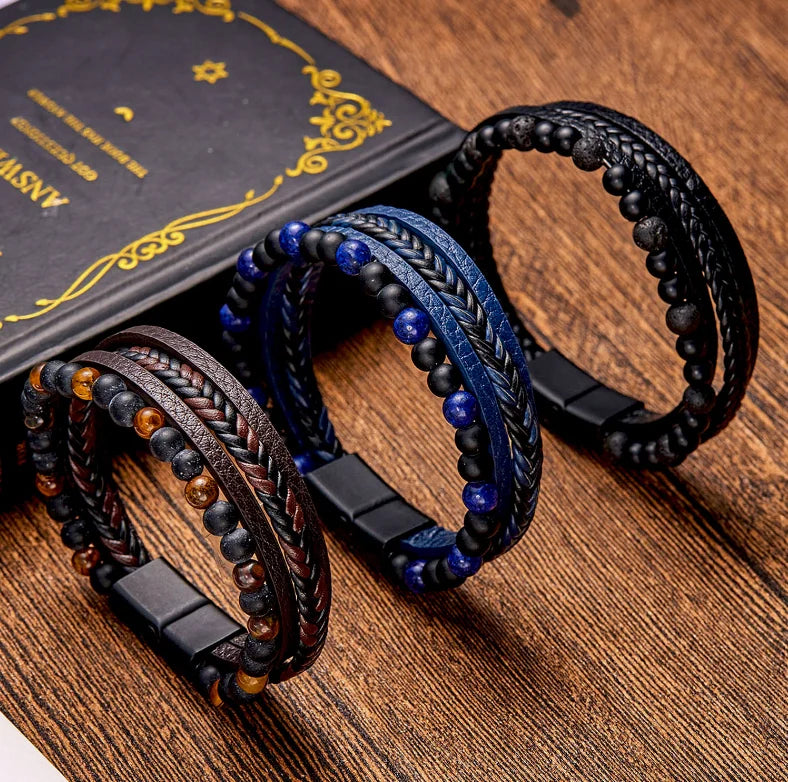 Natural Stone Obsidian Magnetic Buckle Men's Leather Bracelet