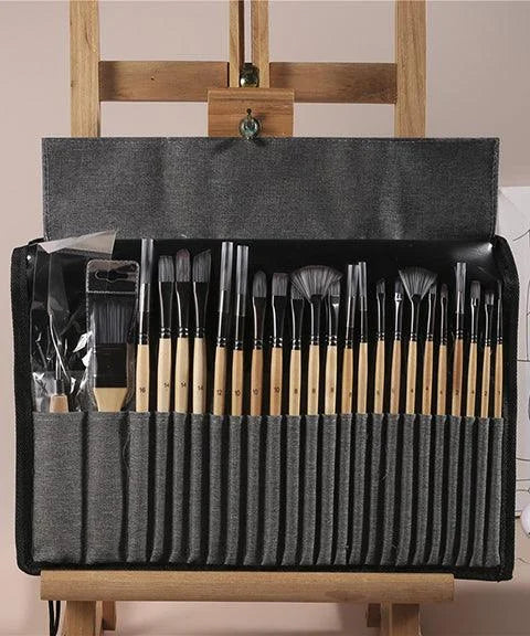 Professional Art Brushes with Natural Wooden Handles Set of 24