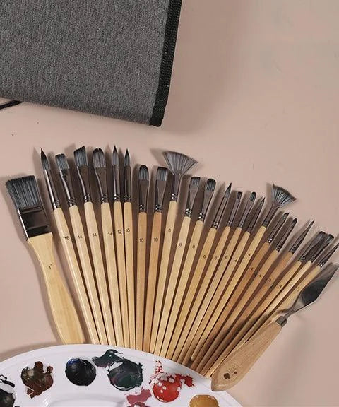 Professional Art Brushes with Natural Wooden Handles Set of 24