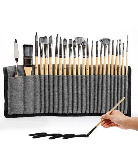 Professional Art Brushes with Natural Wooden Handles Set of 24