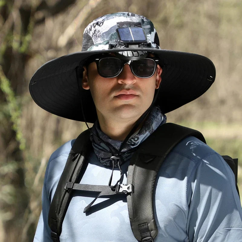 Stefan - Solar Fan Hat with Wide Brim, Solar and USB Charging Station for Fishing Hat