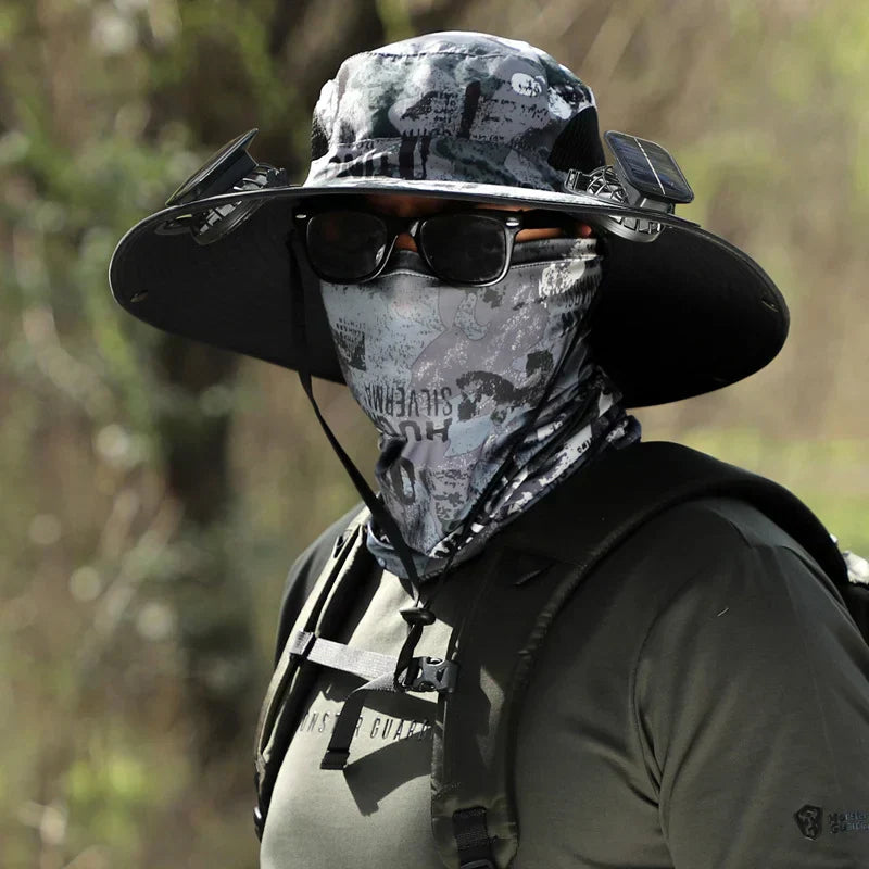 Stefan - Solar Fan Hat with Wide Brim, Solar and USB Charging Station for Fishing Hat
