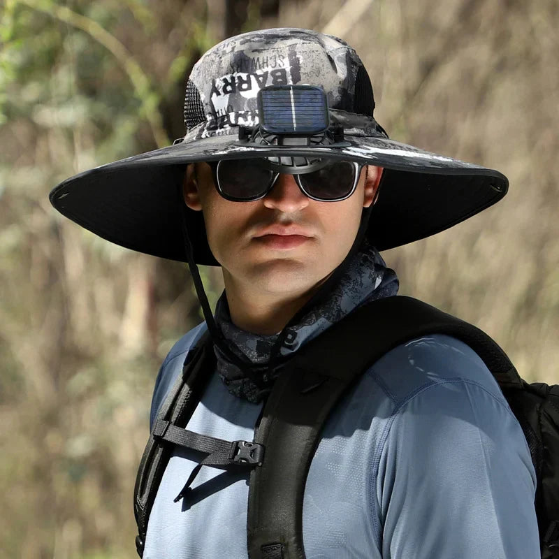 Stefan - Solar Fan Hat with Wide Brim, Solar and USB Charging Station for Fishing Hat