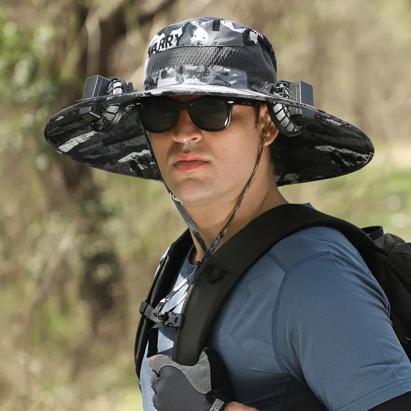 Stefan - Solar Fan Hat with Wide Brim, Solar and USB Charging Station for Fishing Hat