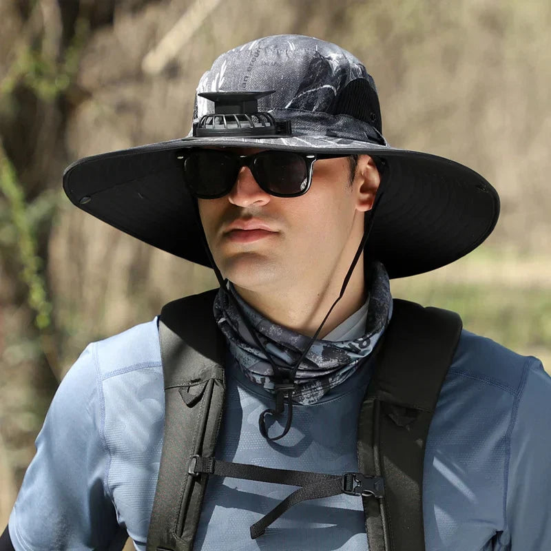 Stefan - Solar Fan Hat with Wide Brim, Solar and USB Charging Station for Fishing Hat