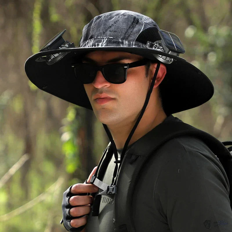 Stefan - Solar Fan Hat with Wide Brim, Solar and USB Charging Station for Fishing Hat