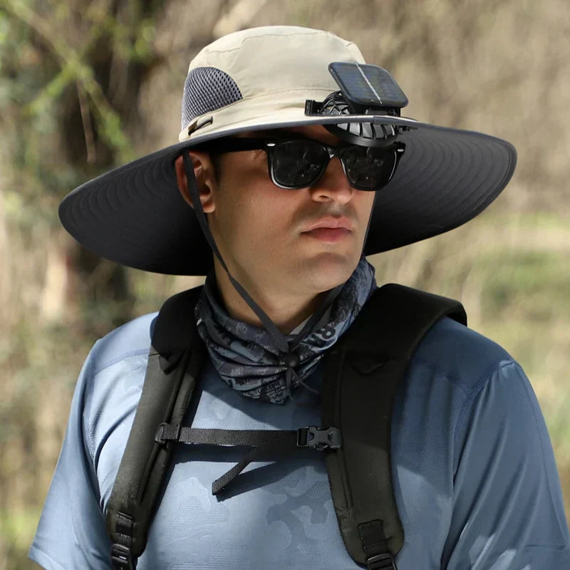 Stefan - Solar Fan Hat with Wide Brim, Solar and USB Charging Station for Fishing Hat