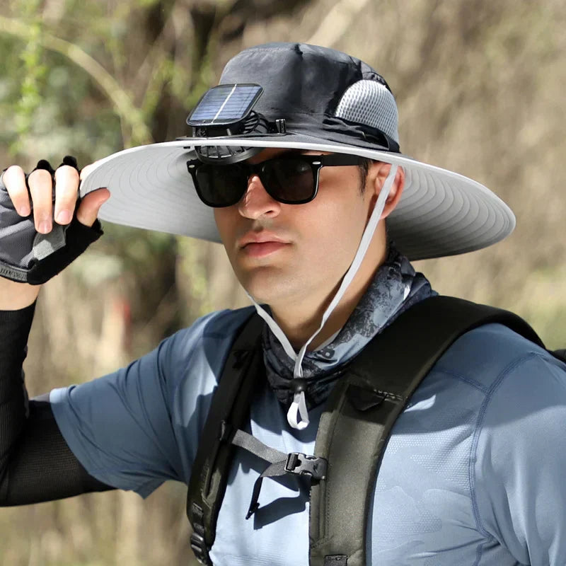 Stefan - Solar Fan Hat with Wide Brim, Solar and USB Charging Station for Fishing Hat