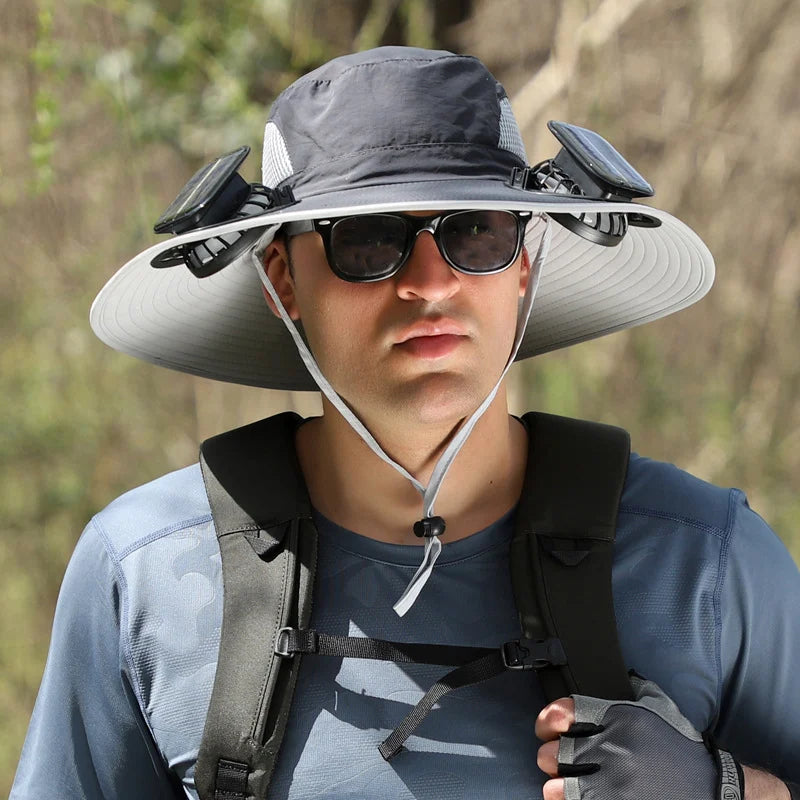 Stefan - Solar Fan Hat with Wide Brim, Solar and USB Charging Station for Fishing Hat
