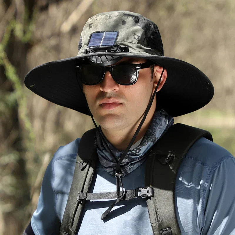 Stefan - Solar Fan Hat with Wide Brim, Solar and USB Charging Station for Fishing Hat