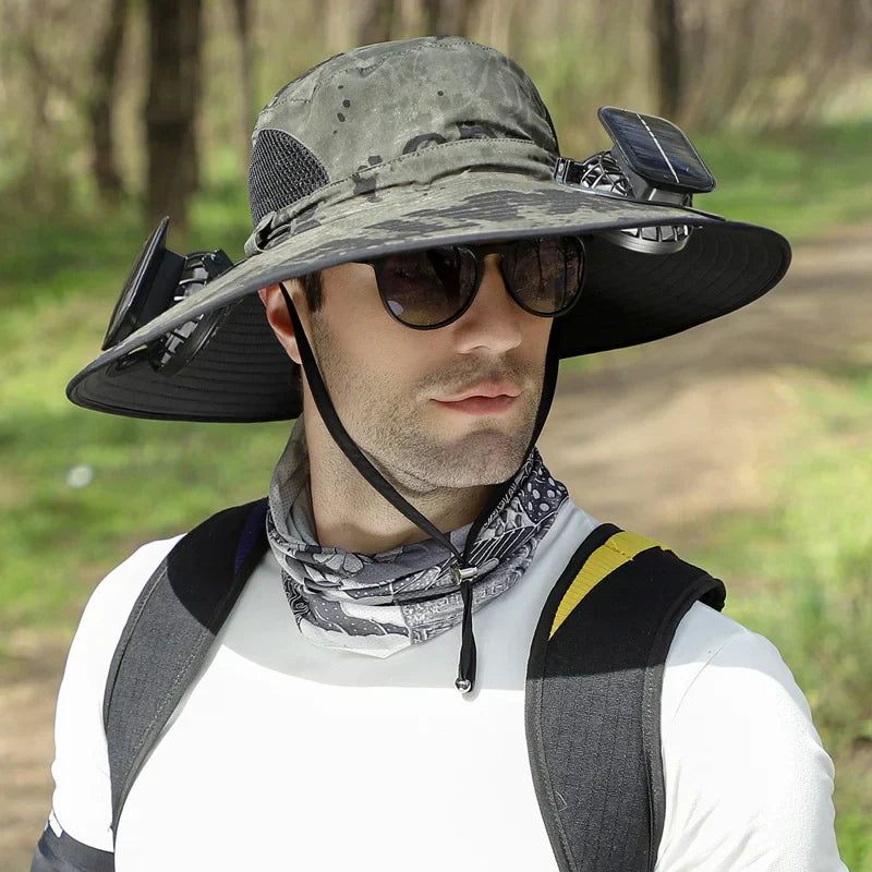 Stefan - Solar Fan Hat with Wide Brim, Solar and USB Charging Station for Fishing Hat