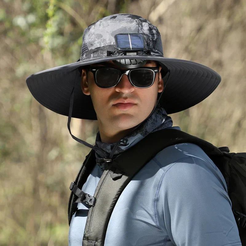 Stefan - Solar Fan Hat with Wide Brim, Solar and USB Charging Station for Fishing Hat